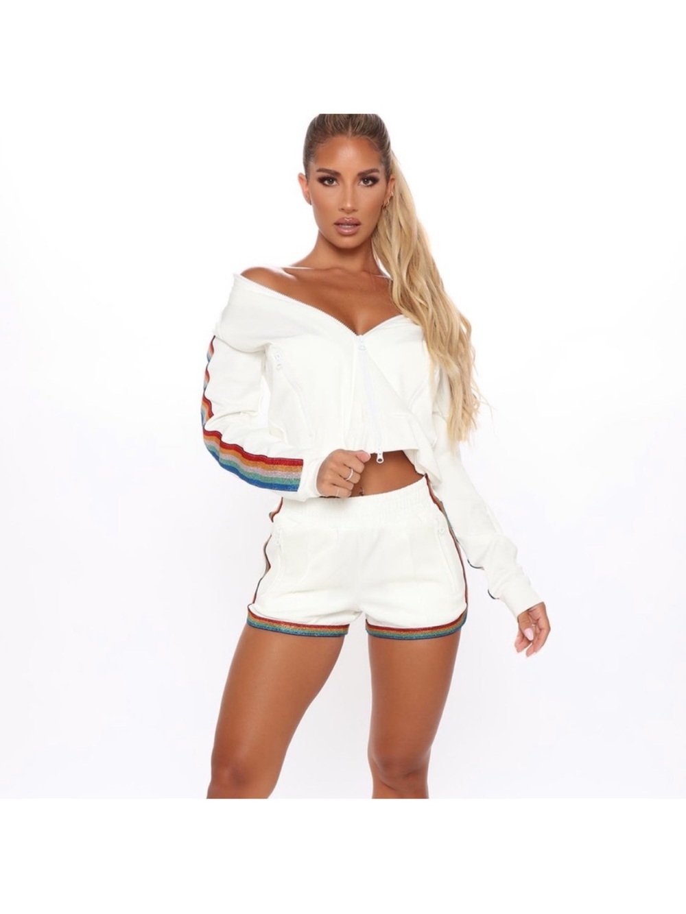Fashion Nova White Two-Piece Cropped Jacket and Shorts with Rainbow Trim